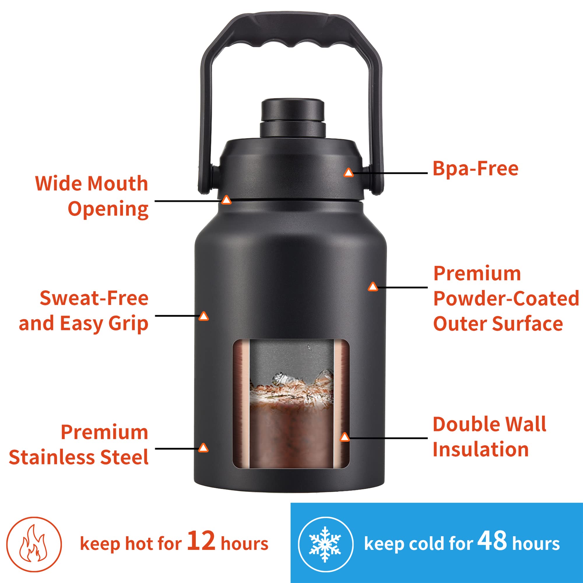 CIVAGO Gallon Insulated Water Bottle Jug, 128 oz Stainless Steel Sports Canteen, Large Metal Thermal Growler Mug with Carrier Bag and Handle, Black