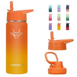 stacegeele insulated vacuum water bottle for kids with straw lid stainless steel flask thermos for boys and girls leak proof lightweight eco friendly 18oz(550ml), orangeade