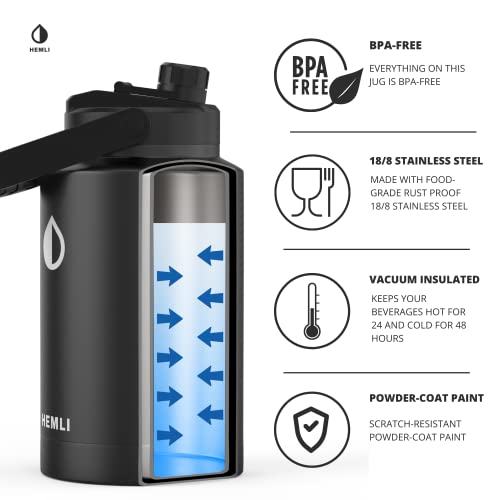 HEMLI One Gallon Water Bottle Insulated, 128 oz Insulated Stainless Steel Water Bottle, One Gallon Jug, Double-Walled Vacuum-Sealed Insulated Beer Growler, with Carrying Case