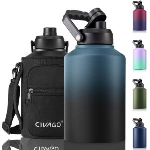 civago gallon insulated water bottle jug, 128 oz stainless steel sports canteen, large metal thermal growler mug with pouch holder and handle, indigo black