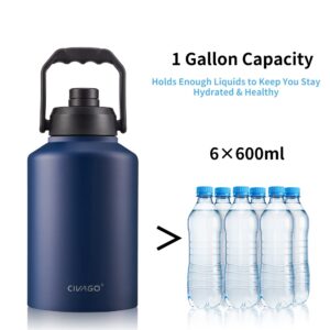 CIVAGO Gallon Insulated Water Bottle Jug, 128 oz Stainless Steel Sports Canteen, Large Metal Thermal Growler Mug with Pouch Holder and Handle, Indigo Black