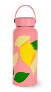 kate spade new york extra large insulated water bottle, 33 ounce stainless steel water bottle with handle, pink double wall metal tumbler with lid, lemon toss
