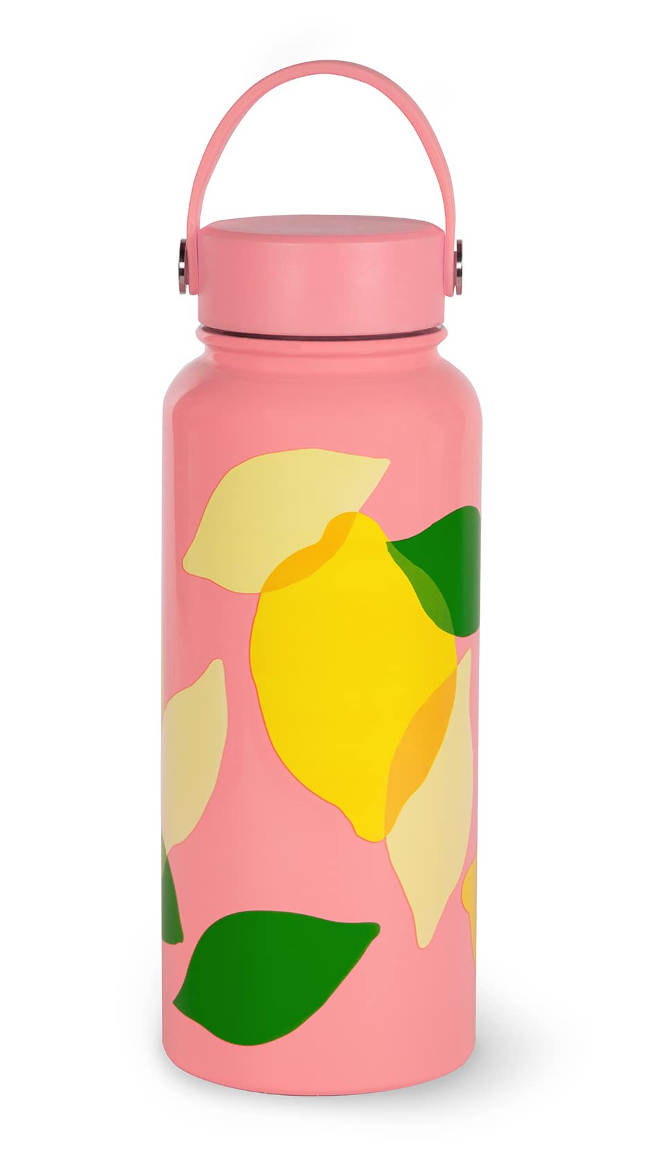 Kate Spade New York Extra Large Insulated Water Bottle, 33 Ounce Stainless Steel Water Bottle with Handle, Pink Double Wall Metal Tumbler with Lid, Lemon Toss