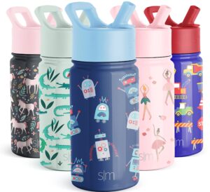 simple modern kids water bottle with straw lid | insulated stainless steel reusable tumbler for toddlers, girls, boys | summit collection | 14oz, robo we go