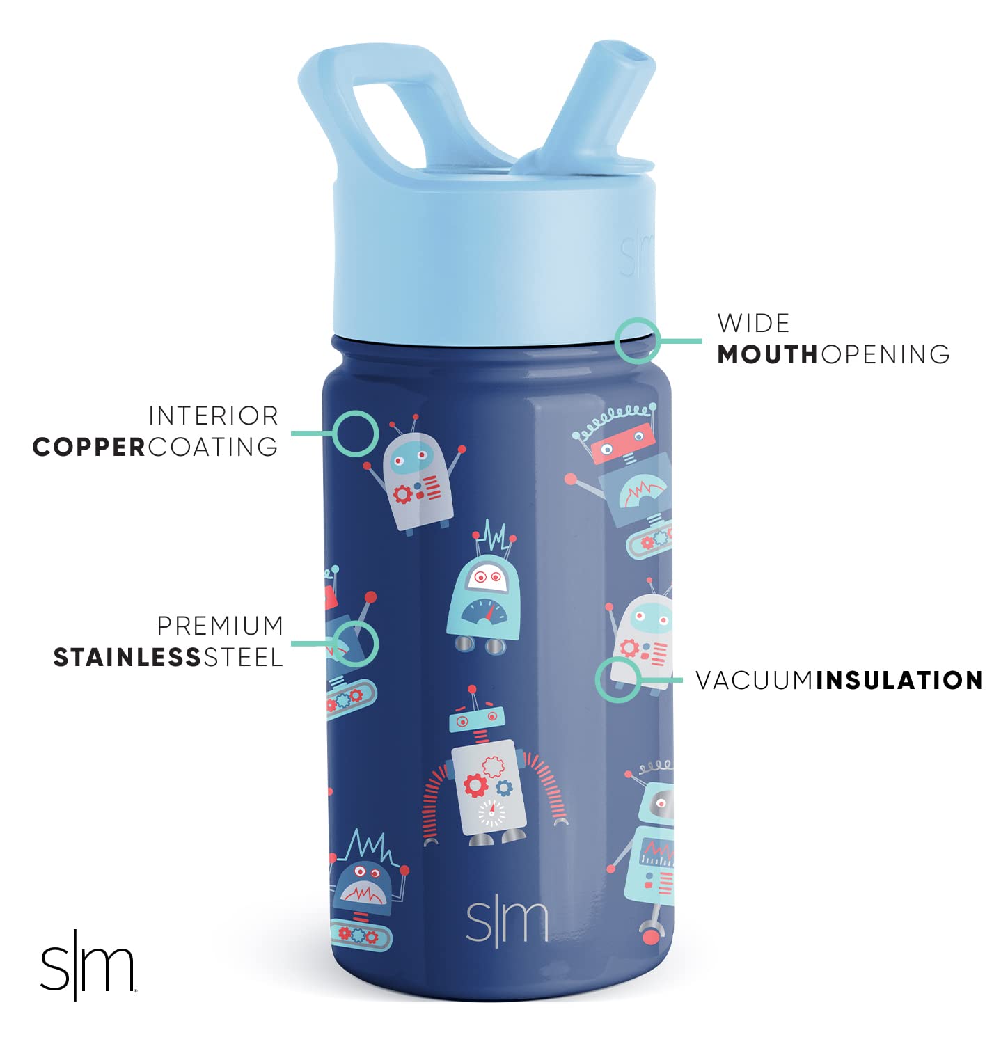 Simple Modern Kids Water Bottle with Straw Lid | Insulated Stainless Steel Reusable Tumbler for Toddlers, Girls, Boys | Summit Collection | 14oz, Robo We Go