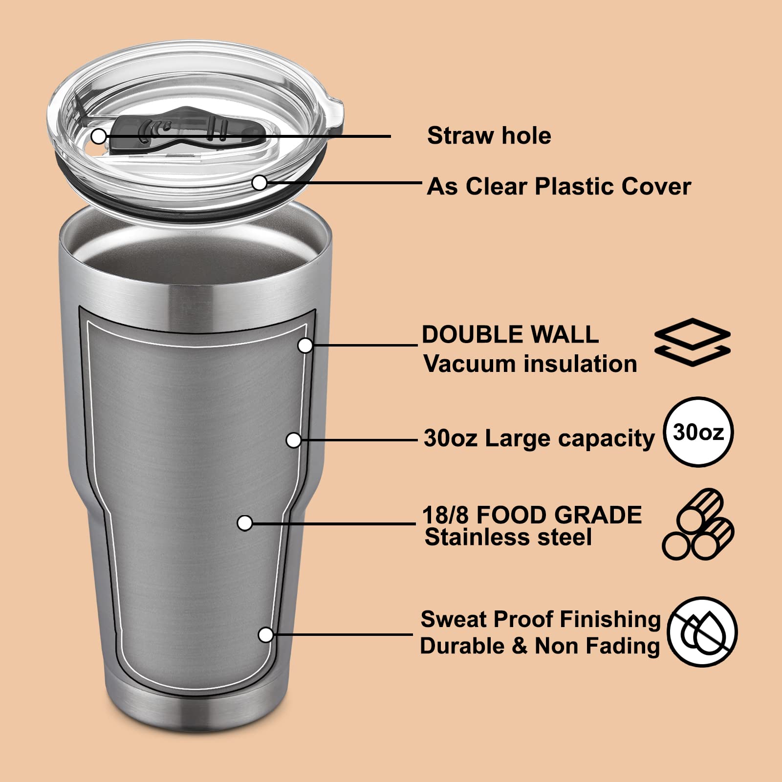 COMOOO 30 oz Stainless Steel Tumbler Bulk with Lid and Straw Insulated Tumbler Coffee Cup Durable Double Wall Vacuum Travel Coffee Mug Thermal for Hot and Cold Drinks (Silver, 8 Pack)