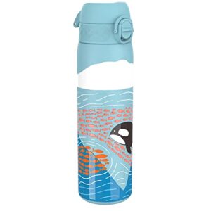 ion8 steel water bottle, 600 ml/20 oz, leak proof, easy to open, secure lock, dishwasher safe, flip cover, fits cup holders, carry handle, durable, scratch resistant, raised print, blue, whale design