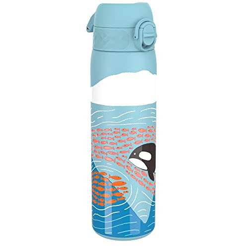 Ion8 Steel Water Bottle, 600 ml/20 oz, Leak Proof, Easy to Open, Secure Lock, Dishwasher Safe, Flip Cover, Fits Cup Holders, Carry Handle, Durable, Scratch Resistant, Raised Print, Blue, Whale Design