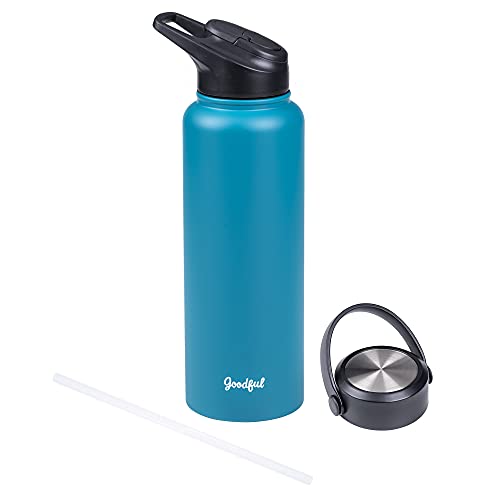 Goodful Double Wall Vacuum Sealed, Insulated Water Bottle with Two Interchangeable Lids, Sipping or Chugging Lids, Leak-Proof, Wide Mouth for Drinking and Cleaning, 40 Oz, Teal