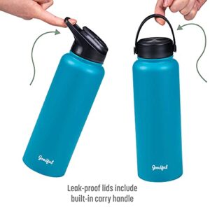 Goodful Double Wall Vacuum Sealed, Insulated Water Bottle with Two Interchangeable Lids, Sipping or Chugging Lids, Leak-Proof, Wide Mouth for Drinking and Cleaning, 40 Oz, Teal