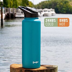 Goodful Double Wall Vacuum Sealed, Insulated Water Bottle with Two Interchangeable Lids, Sipping or Chugging Lids, Leak-Proof, Wide Mouth for Drinking and Cleaning, 40 Oz, Teal