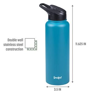 Goodful Double Wall Vacuum Sealed, Insulated Water Bottle with Two Interchangeable Lids, Sipping or Chugging Lids, Leak-Proof, Wide Mouth for Drinking and Cleaning, 40 Oz, Teal