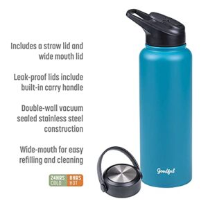 Goodful Double Wall Vacuum Sealed, Insulated Water Bottle with Two Interchangeable Lids, Sipping or Chugging Lids, Leak-Proof, Wide Mouth for Drinking and Cleaning, 40 Oz, Teal