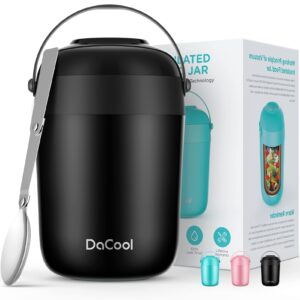 dacool kids thermos with handle spoon for hot cold food 16 oz insulated food jar food thermos for lunch soup leakproof vacuum stainless steel keep food warm thermal container for school travel, black