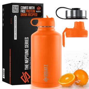 squatz 64 oz neptune series steel water bottle, stainless double wall vacuum insulated flask with handle strap, durable and elegant leak proof wide mouth thermos for gym, travel, hiking, and camping
