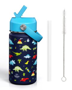 lehoo castle kids insulated water bottle, 14oz kids water bottle stainless steel for school, kids thermos water bottle with straw＆handle, leak proof toddler water bottle dinosaur for boys (blue)