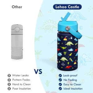 Lehoo Castle Kids Insulated Water Bottle, 14oz Kids Water Bottle Stainless Steel for School, Kids Thermos Water Bottle with Straw＆Handle, Leak Proof Toddler Water Bottle Dinosaur for Boys (Blue)