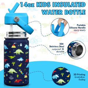 Lehoo Castle Kids Insulated Water Bottle, 14oz Kids Water Bottle Stainless Steel for School, Kids Thermos Water Bottle with Straw＆Handle, Leak Proof Toddler Water Bottle Dinosaur for Boys (Blue)