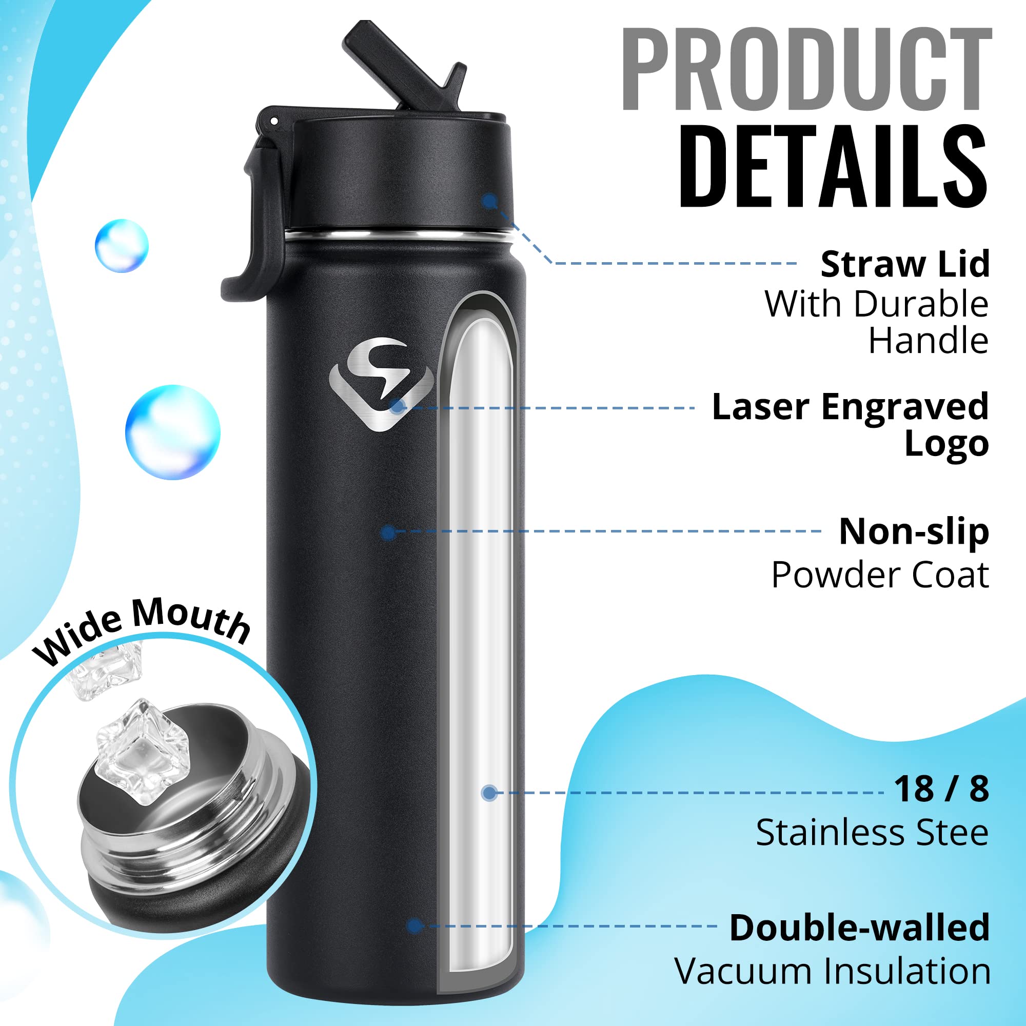 ArtSo Water Bottle with Straw, Wide Rotating Handle Straw Lid Thermo Mug Flask, Wide Mouth Vacuum Insulated Stainless Steel Leak Proof Water Bottle, Double Walled Metal Canteen, Durable 24 oz