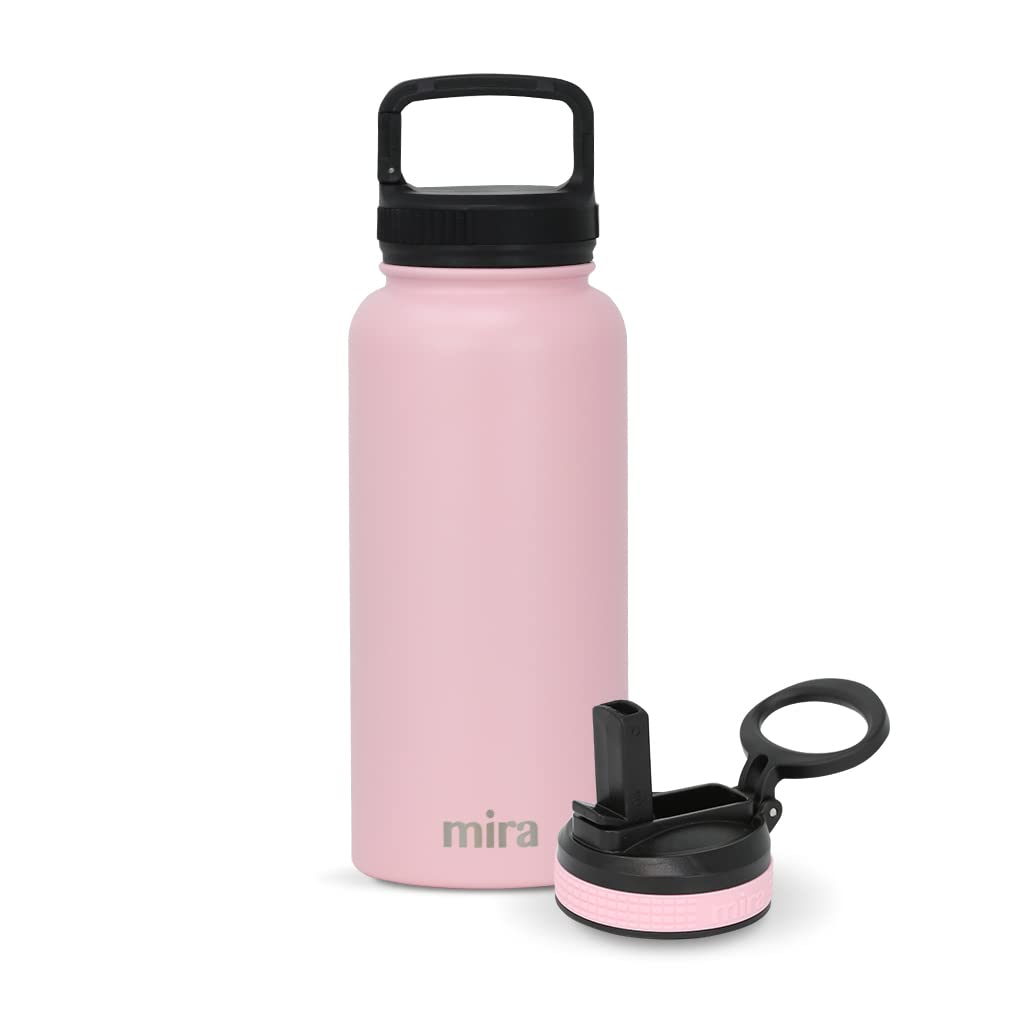 MIRA Water Bottle with Straw and Handle Lid Vacuum Insulated Stainless Steel Metal Thermos Bottle - Reusable Leak Proof Keep Cold Sports Flask - 32 oz, 2 Lids, Taffy Pink