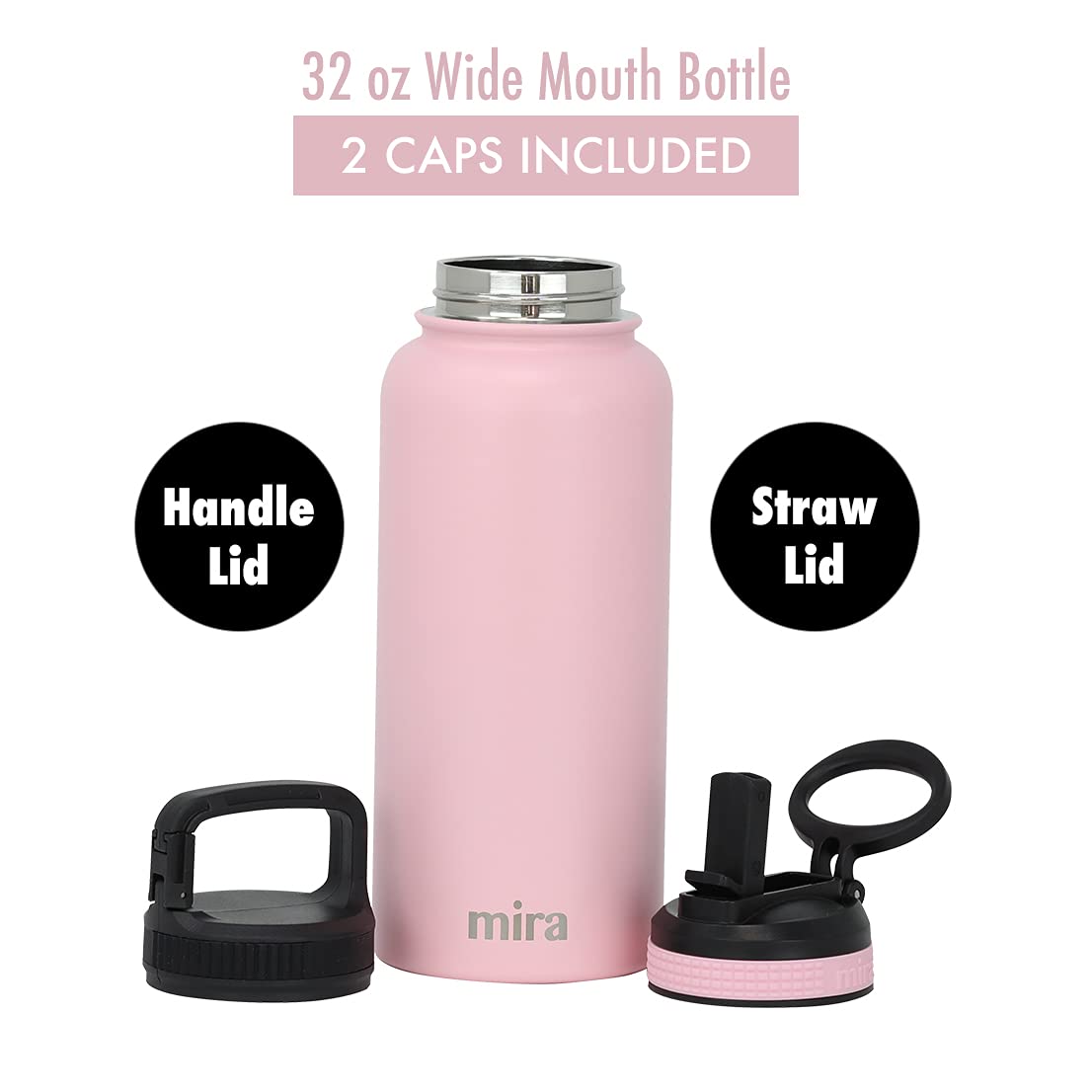 MIRA Water Bottle with Straw and Handle Lid Vacuum Insulated Stainless Steel Metal Thermos Bottle - Reusable Leak Proof Keep Cold Sports Flask - 32 oz, 2 Lids, Taffy Pink