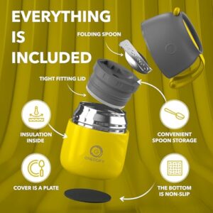 Vacuum Insulated Food Jar Portable 12oz Thermos incl. Folding Spoon, Cup. Hot & Cold Drinks Heated Soup Lunch Container for Kids and Women Premium BPA-Free Stainless Steel Leak Proof Starfruit Yellow