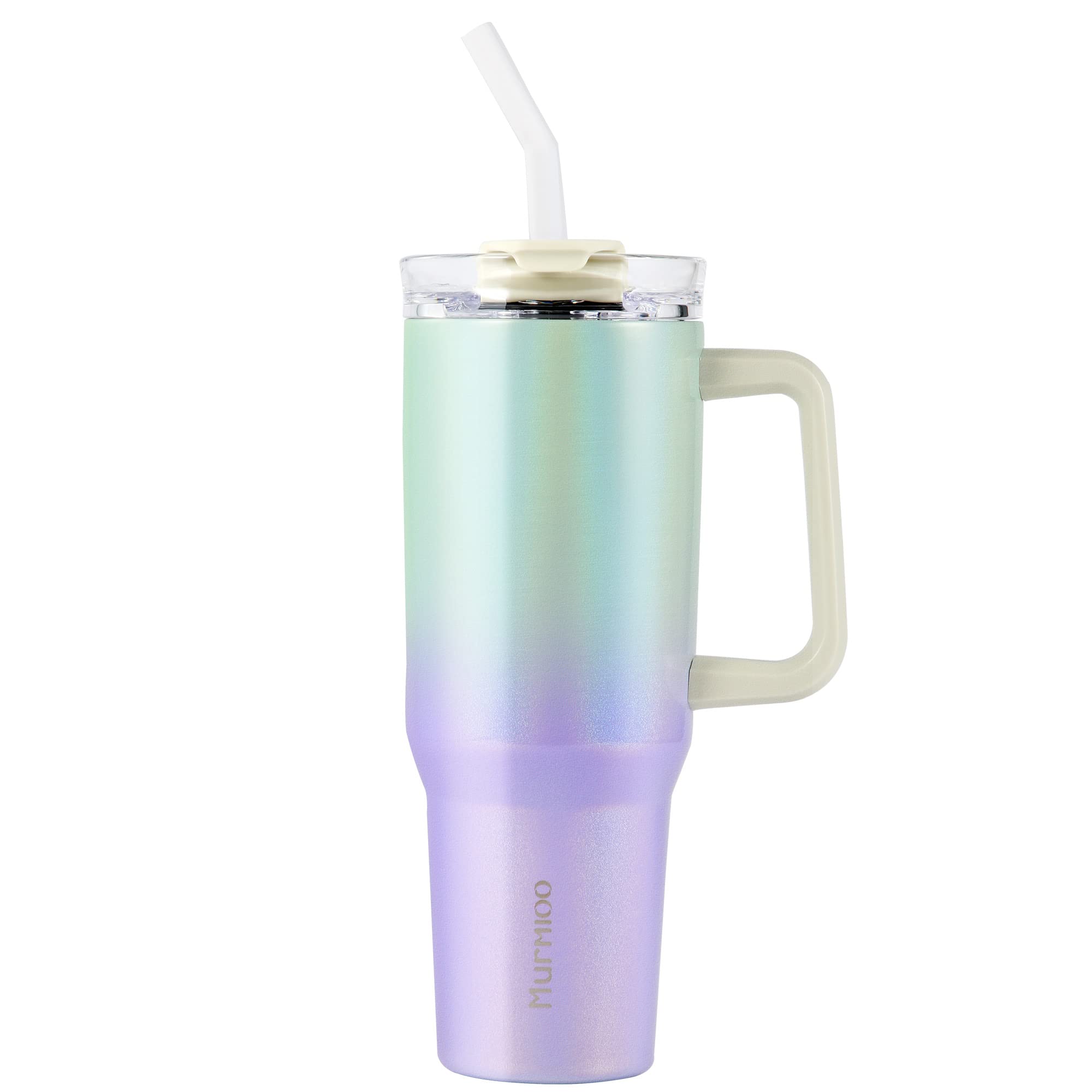 Murmioo 40OZ Tumbler with Handle and Straw,Insulated Leak Proof Stainless Steel Travel Mug,Reusable Water Bottle Cup，Maintains Cold, Heat, and Ice for Hours(Purple green gradient)