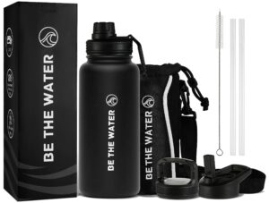 be the water 32 oz sports water bottle with a pouch 3 lids 2 straws - keeps hot and cold water, leak proof, double walled vacuum insulated stainless steel, metal water bottles