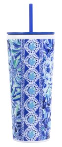 lilly pulitzer blue double wall tumbler with lid and reusable straw, insulated travel cup holds 24 ounces, high manetenance