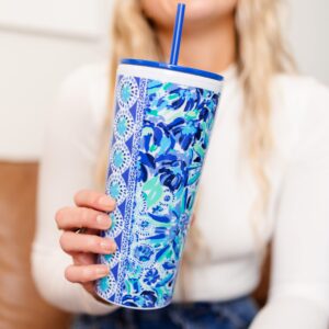 Lilly Pulitzer Blue Double Wall Tumbler with Lid and Reusable Straw, Insulated Travel Cup Holds 24 Ounces, High Manetenance