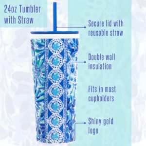 Lilly Pulitzer Blue Double Wall Tumbler with Lid and Reusable Straw, Insulated Travel Cup Holds 24 Ounces, High Manetenance