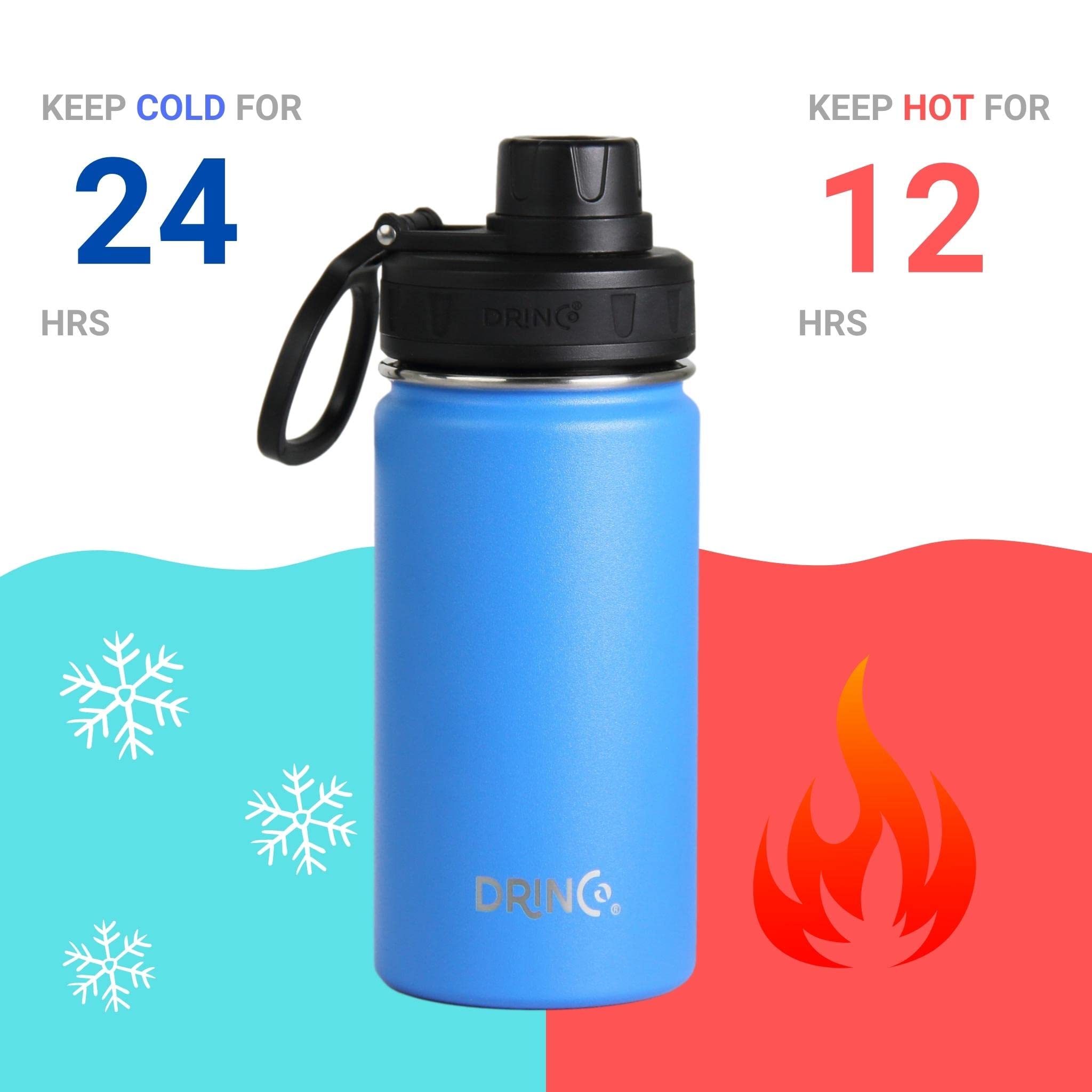 DRINCO Stainless Steel Water Bottle Spout Lid Vacuum Insulated Double Wall Water Bottle Wide Mouth (40oz 32oz 22oz 18oz 14oz) Leak Proof Keeps Cold or Hot (14 oz, 14oz Royal Blue)