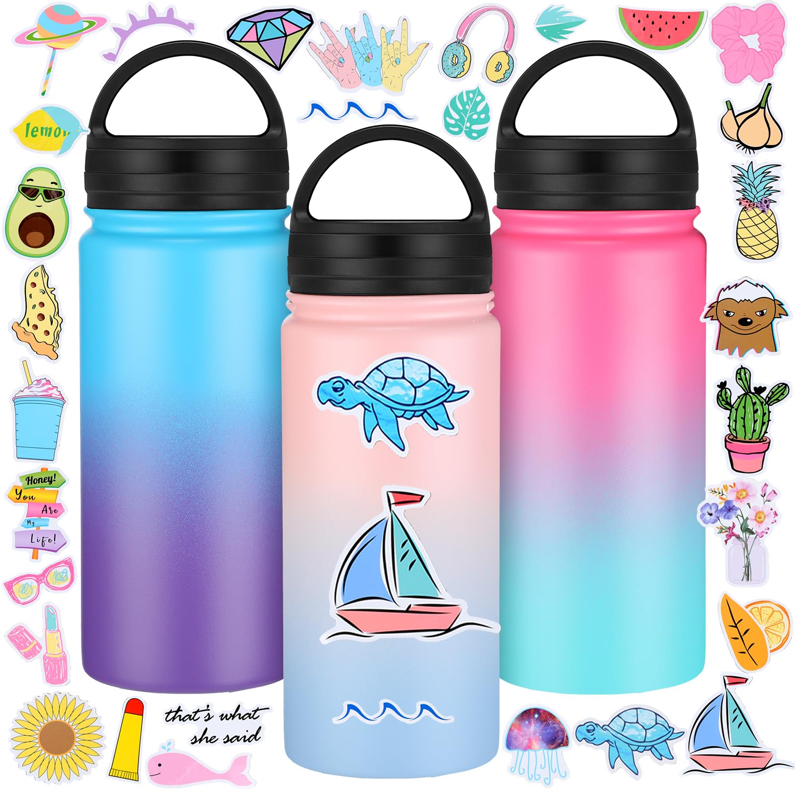 3 Pcs Kids Lovely Insulated Water Bottles Girls Boys Insulated Cups with Leakproof Lid and Cute Stickers for Valentines School Classroom Exchange Rewards Game Prizes Gifts(Gradient Color, 16oz)