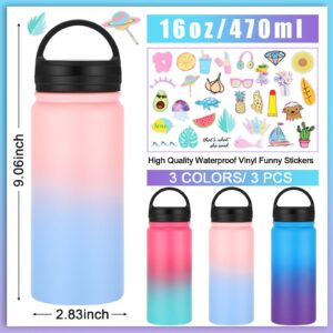 3 Pcs Kids Lovely Insulated Water Bottles Girls Boys Insulated Cups with Leakproof Lid and Cute Stickers for Valentines School Classroom Exchange Rewards Game Prizes Gifts(Gradient Color, 16oz)
