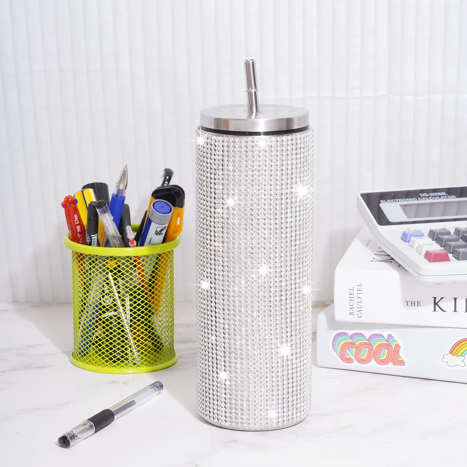 20 oz Glitter Diamond Water Bottle Rhinestone Bling Cup Stainless Steel Tumbler Insulated Cup with Lid Straw Random Color Cup Brush Straw Brush for Women