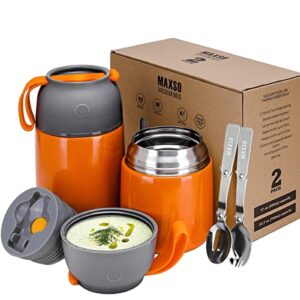 maxso 2 pack soup thermos for hot & cold food for kids adults, vacuum insulated food jar thermal lunch containers, travel food flask with spoon (24oz,17oz) (orange)