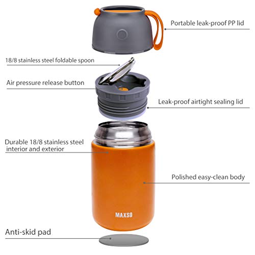 MAXSO 2 Pack Soup Thermos for Hot & Cold Food for Kids Adults, Vacuum Insulated Food Jar Thermal Lunch Containers, Travel Food Flask with Spoon (24oz,17oz) (Orange)