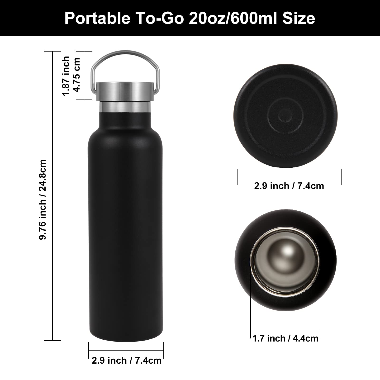Neihepal Black Stainless Steel Water Bottles,20 Ounce Vacuum Insulated Double Wall Travel Bottle with Leak Proof Lid of Handle,Metal Reusable Standard Mouth Flask Thermoses for School,Hikers,Gift