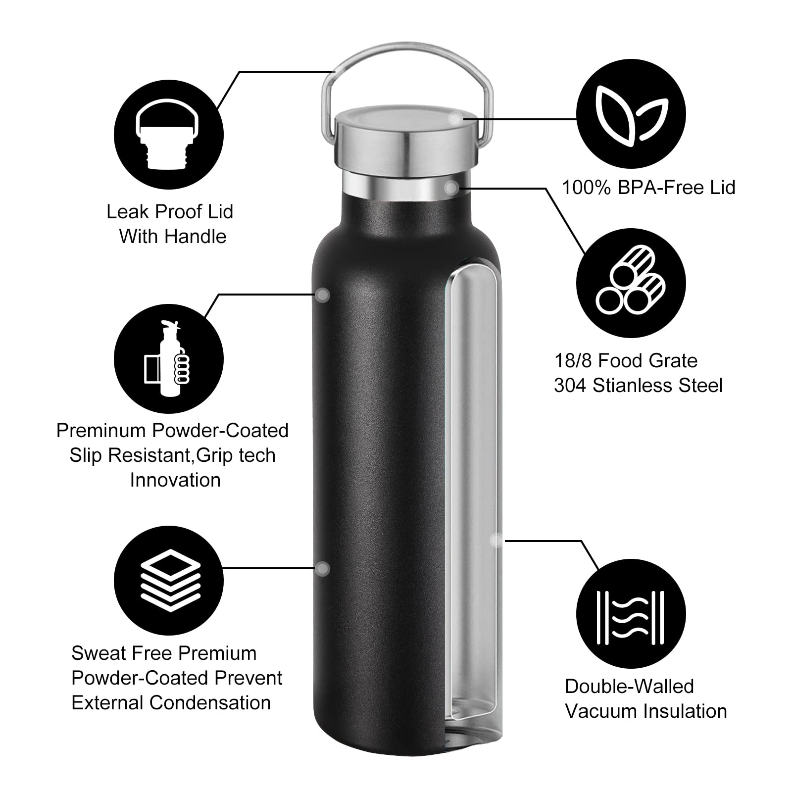 Neihepal Black Stainless Steel Water Bottles,20 Ounce Vacuum Insulated Double Wall Travel Bottle with Leak Proof Lid of Handle,Metal Reusable Standard Mouth Flask Thermoses for School,Hikers,Gift