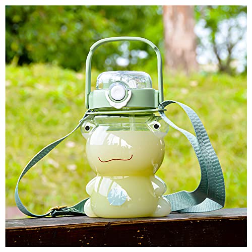 LIXERY Kawaii Frog Water Bottle Cute Clear Green Frog Water Bottle with Straw and Strap Plastic Drinking Bottle Leakproof Jug for Girl School Sport 29oz, 4.7*4.7*7.7 Inch (84RJ13VOTGO1242Q5KM)