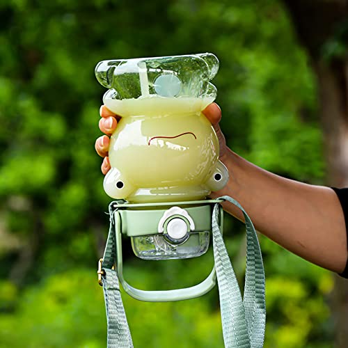 LIXERY Kawaii Frog Water Bottle Cute Clear Green Frog Water Bottle with Straw and Strap Plastic Drinking Bottle Leakproof Jug for Girl School Sport 29oz, 4.7*4.7*7.7 Inch (84RJ13VOTGO1242Q5KM)