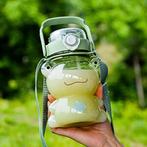 LIXERY Kawaii Frog Water Bottle Cute Clear Green Frog Water Bottle with Straw and Strap Plastic Drinking Bottle Leakproof Jug for Girl School Sport 29oz, 4.7*4.7*7.7 Inch (84RJ13VOTGO1242Q5KM)