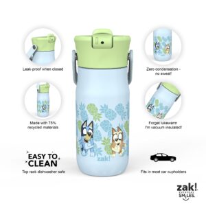 Zak Designs Harmony Bluey Kid Water Bottle for Travel or At Home, 14oz Recycled Stainless Steel is Leak-Proof When Closed and Vacuum Insulated (Bluey, Bingo, Muffin)