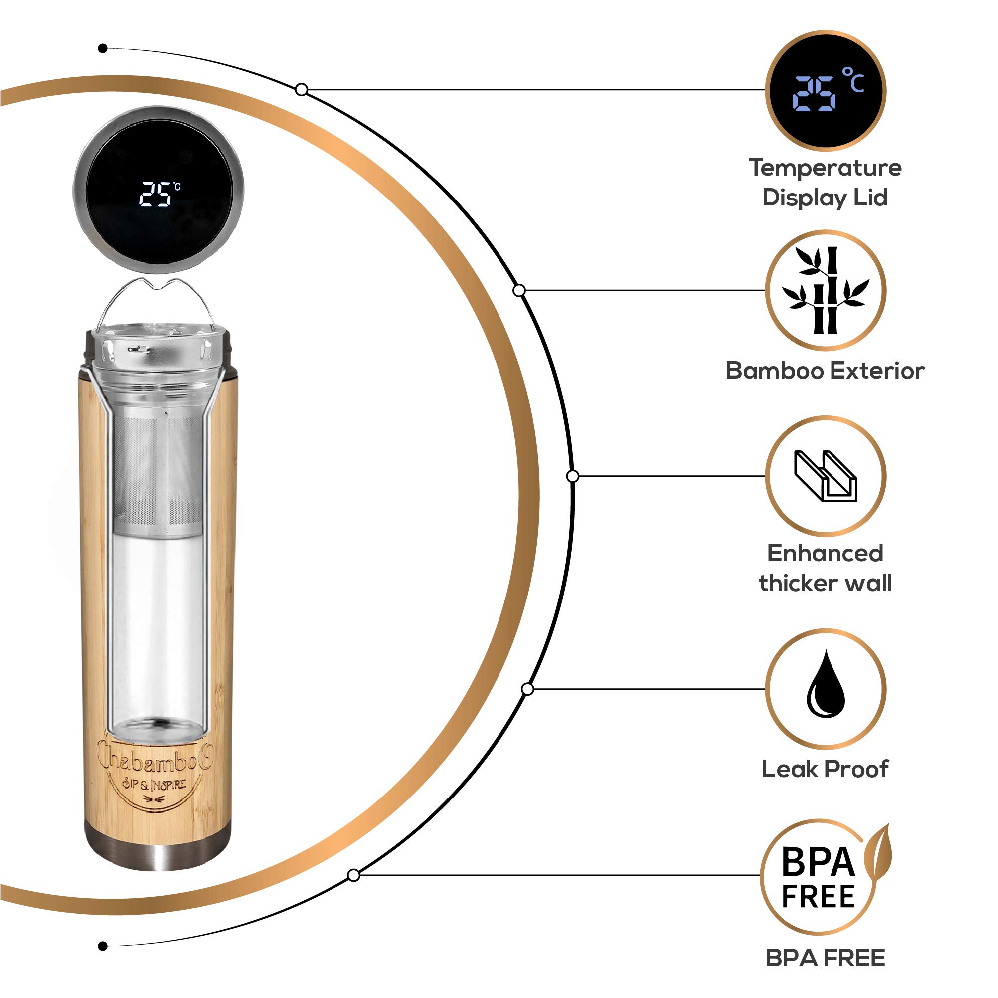 CHABAMBOO Smart Bamboo Tumbler – 17oz – w/Temperature Display – Insulated Tea and Coffee Thermos Flask + Loose Leaf Tea Steeper – Tea Infuser Bottle – Travel Mug for Hot & Cold Drinks