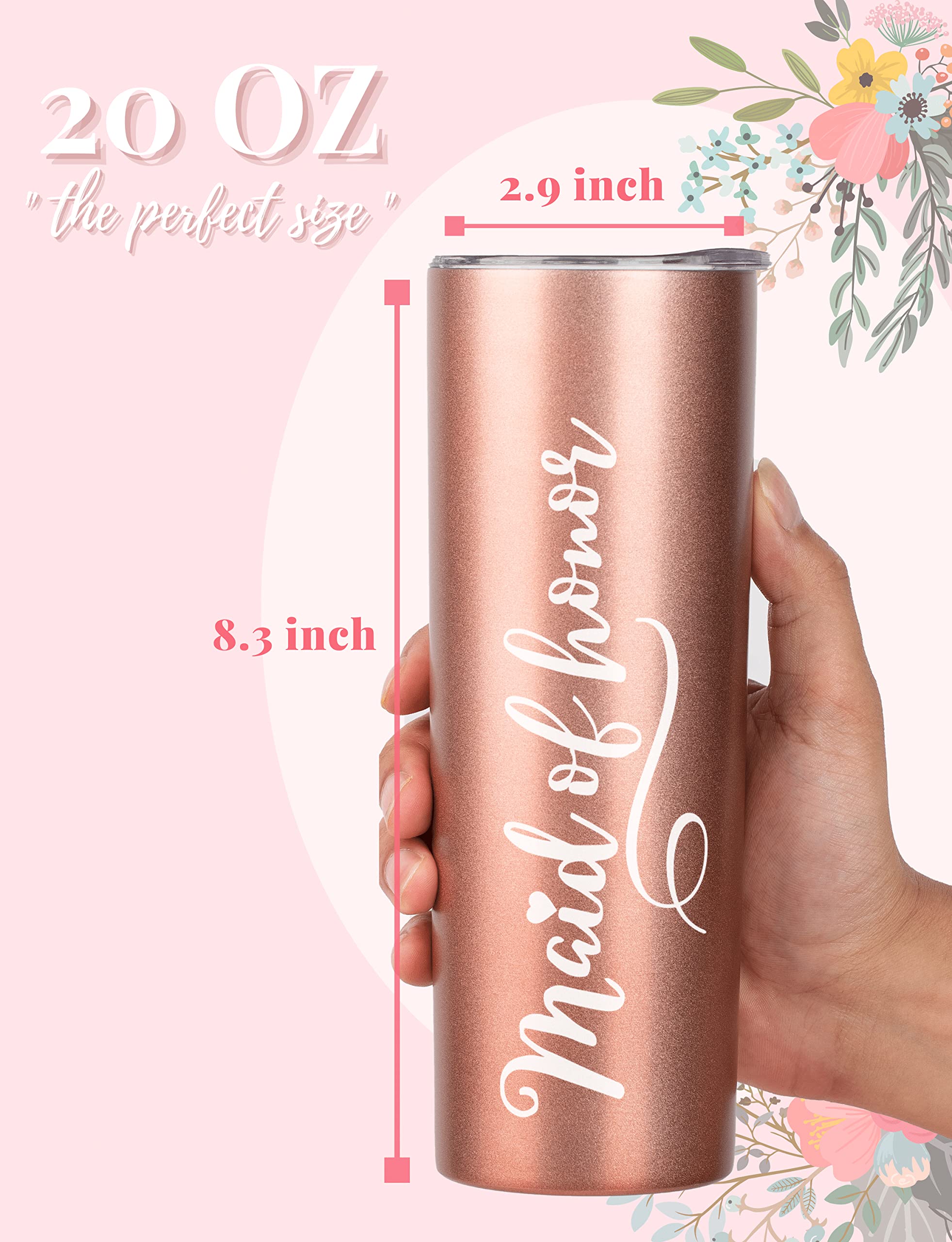 Onebttl Bridesmaid Gifts, Insulated Stainless Steel Tumblers with Lids and Straws, Maid of Honor Proposal Gifts, Bride Tribe, Bridal Party Gifts, 20 oz, Rose gold - Maid of Honor