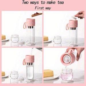 Glass Tea Bottle Double Layer Glass Tea Infuser,14 oz Travel Mug with Strainer Tea Bottle for Loose Leaf Tea, Tea Cup with Stainless Steel Mesh Filter, Portable Glass Water Bottle (White)…