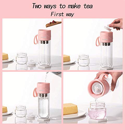 Glass Tea Bottle Double Layer Glass Tea Infuser,14 oz Travel Mug with Strainer Tea Bottle for Loose Leaf Tea, Tea Cup with Stainless Steel Mesh Filter, Portable Glass Water Bottle (White)…