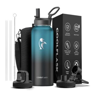 water bottle 40 oz insulated with straw, coolflask stainless steel metal 3 lids water flask for sports or office, keep cold 48h hot 24h, samurai cyan