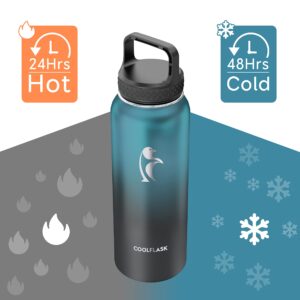 Water Bottle 40 oz Insulated with Straw, Coolflask Stainless Steel Metal 3 Lids Water Flask for Sports or Office, Keep Cold 48H Hot 24H, Samurai Cyan
