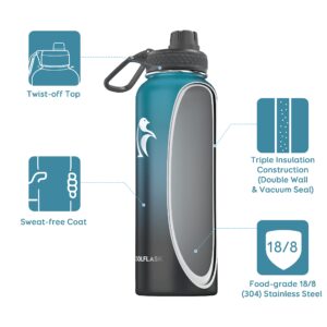 Water Bottle 40 oz Insulated with Straw, Coolflask Stainless Steel Metal 3 Lids Water Flask for Sports or Office, Keep Cold 48H Hot 24H, Samurai Cyan